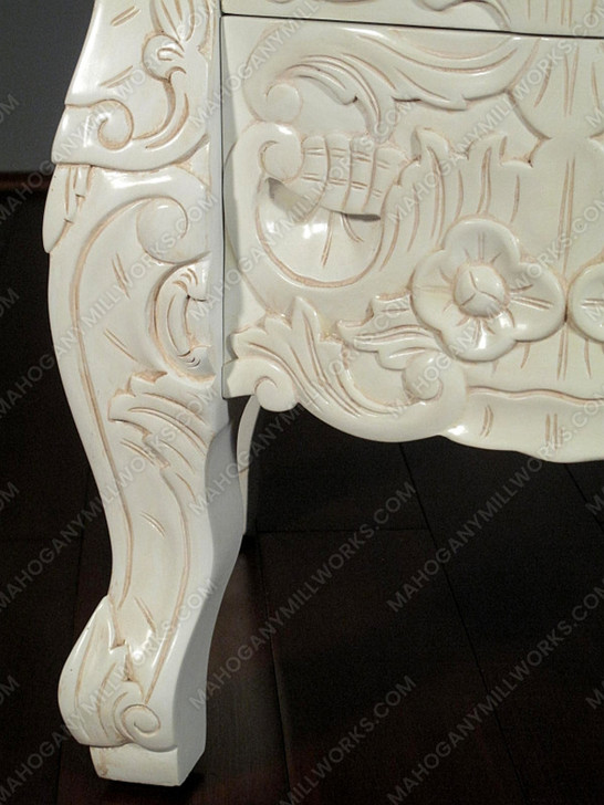 Antiqued White Rococo Nightstand / Bedside Table/Chest