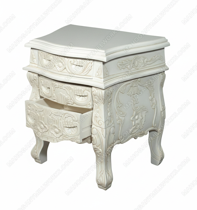 Antiqued White Rococo Nightstand / Bedside Table/Chest