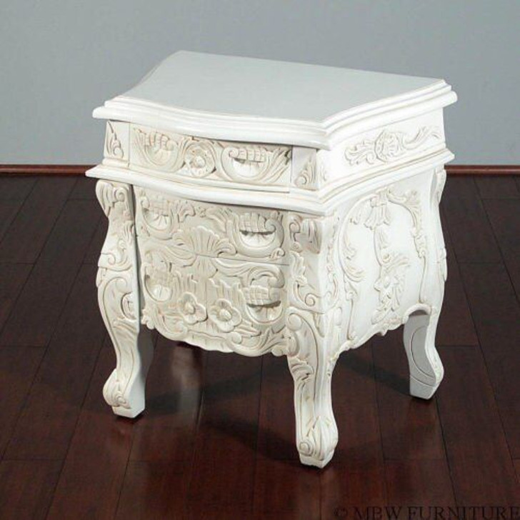 Antiqued White Rococo Nightstand / Bedside Table/Chest