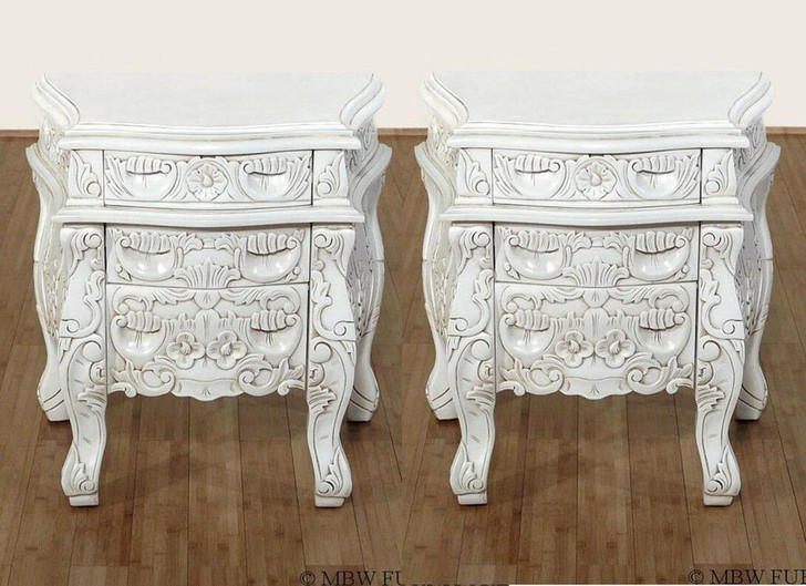 Antiqued White Rococo Nightstand / Bedside Table/Chest