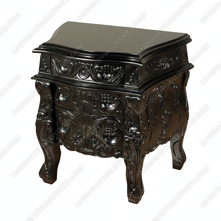 Black Rococo 3 Drawer Nightstand / Bedside Table/Chest