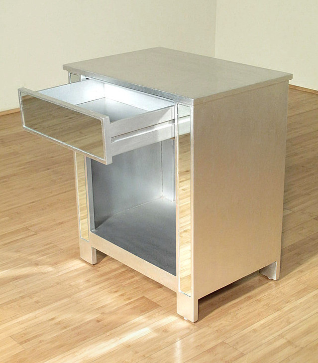 Distressed Silver Mirrored Nightstand Bedside Table w/ One Drawer