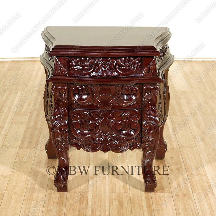 Solid Chocolate Mahogany French Rococo 3-Drawer Nightstand / Bedside Table/Chest