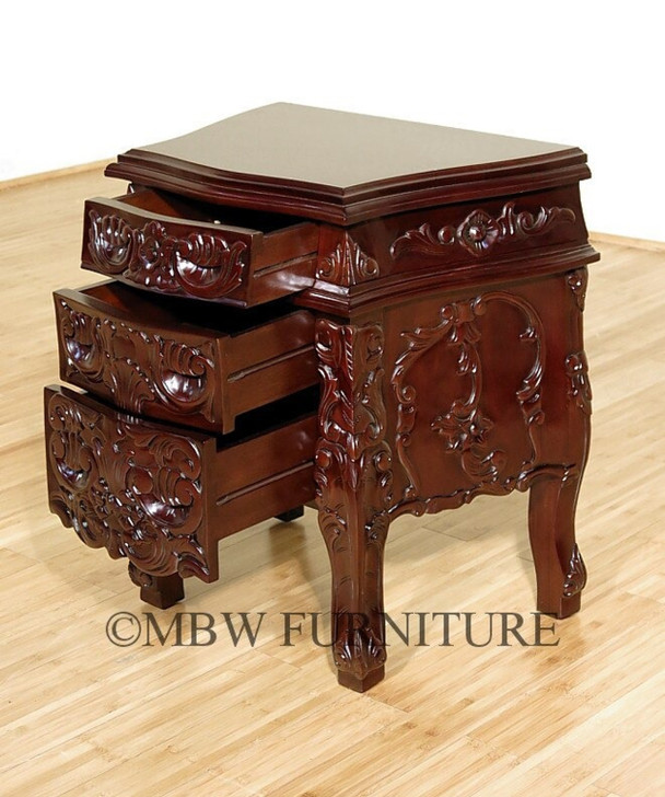 Solid Chocolate Mahogany French Rococo 3-Drawer Nightstand / Bedside Table/Chest