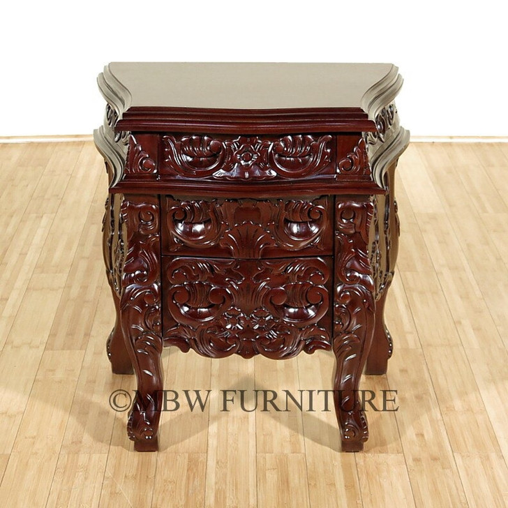 Solid Chocolate Mahogany French Rococo 3-Drawer Nightstand / Bedside Table/Chest