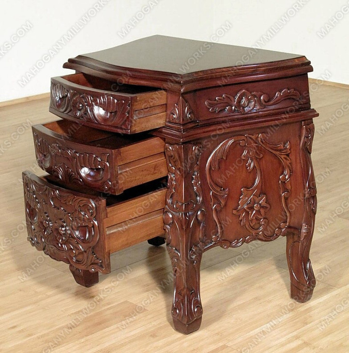 Solid Mahogany Rococo 3 Drawer Bedside Table Nightstand