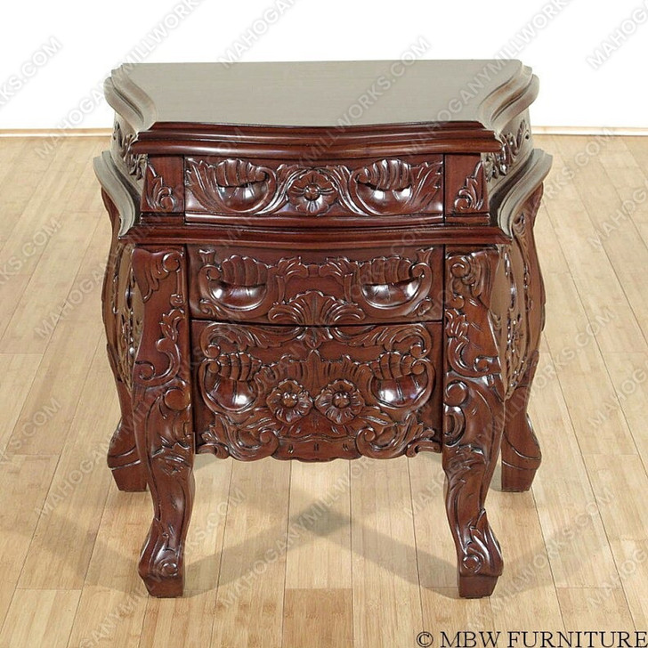 Solid Mahogany Rococo 3 Drawer Bedside Table Nightstand