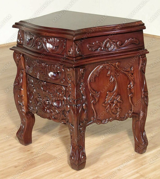 Solid Mahogany Rococo 3 Drawer Bedside Table Nightstand