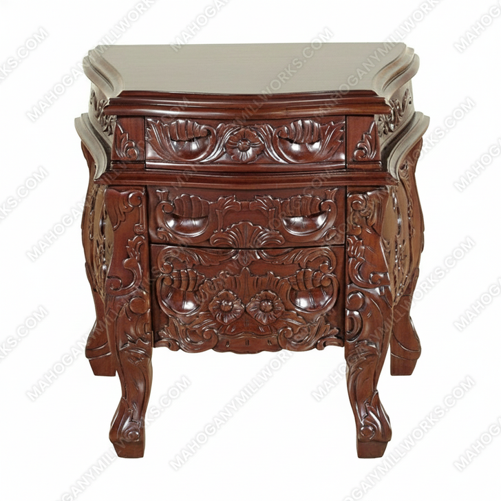 Solid Mahogany Rococo 3 Drawer Bedside Table Nightstand
