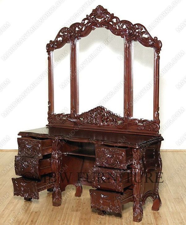 Dark Mahogany French Rococo Vanity Mirror Dresser