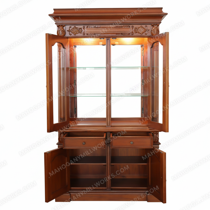 7.5Ft Tall Mahogany China Hutch Lighted Curio Display Showcase Cabinet
