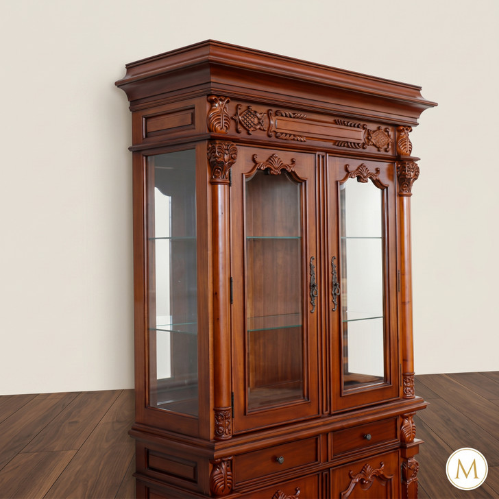 Hand-Carved Mahogany China Cabinet with Glass Doors and Storage Base