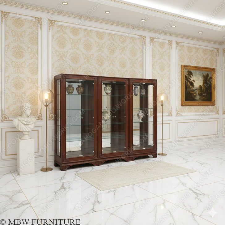 Large Walnut Glass Victorian Curio Display Cabinet