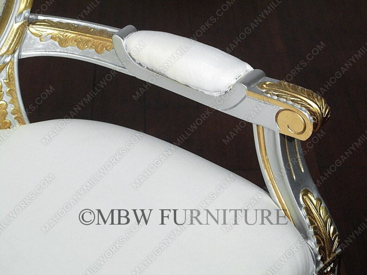 Pair 2 Silver/Gold French White Muslin Arm Chairs