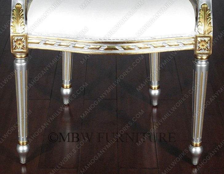Pair 2 Silver/Gold French White Muslin Arm Chairs