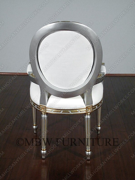 Pair 2 Silver/Gold French White Muslin Arm Chairs