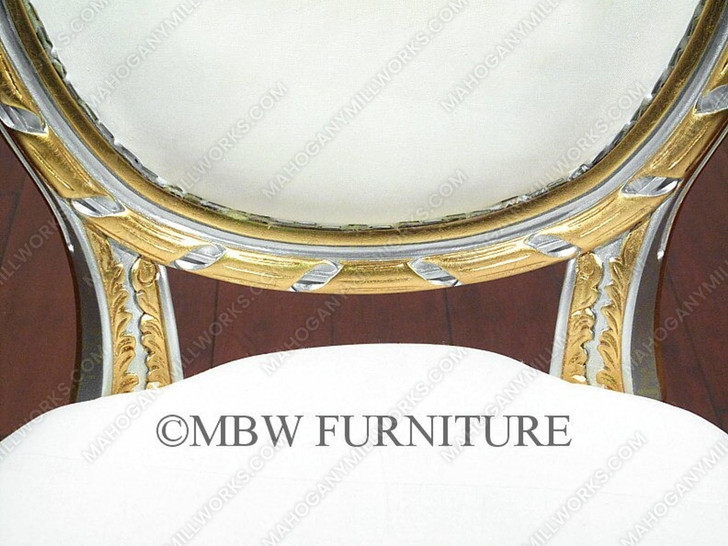 Silver Gold French Style Balloon Back White Muslin Side Chairs (2)