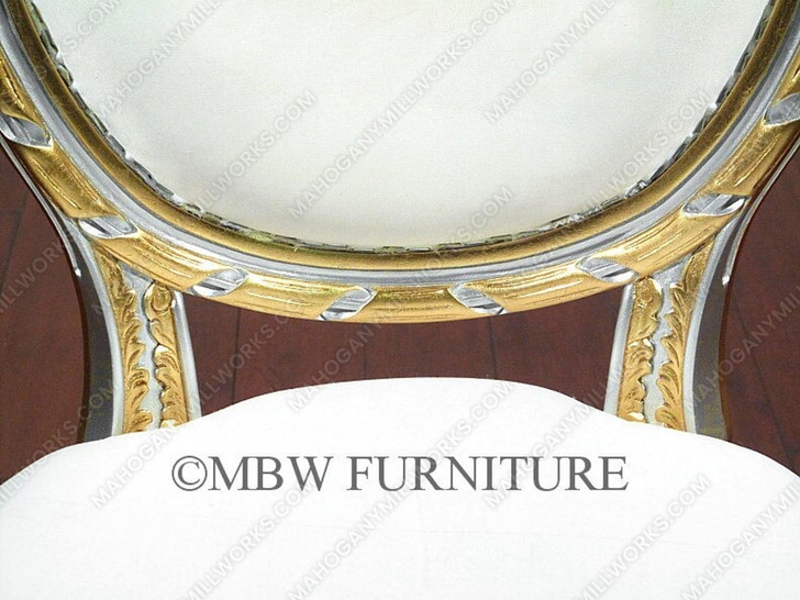 Silver Gold French Style Balloon Back White Muslin Side Chairs (2)