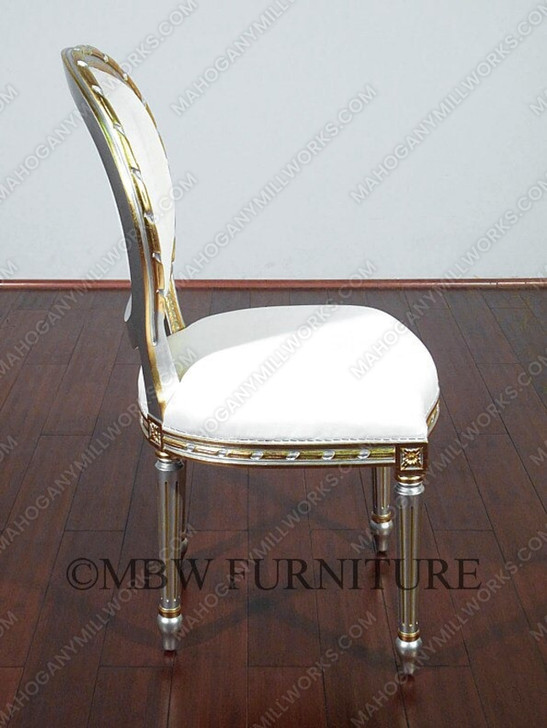 Silver Gold French Style Balloon Back White Muslin Side Chairs (2)