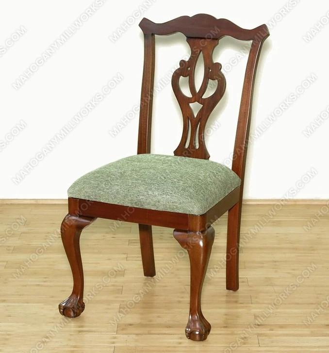 Pair 2 Solid Dark Cherry Chippendale Green Dining Side Chairs