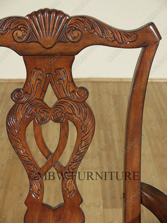 Pair of 2 Mahogany Chippendale Cream Dining Arm Chairs