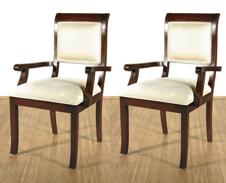 Pair of 2 Solid Dark Cherry Upholstered Cream Dining Arm Chairs