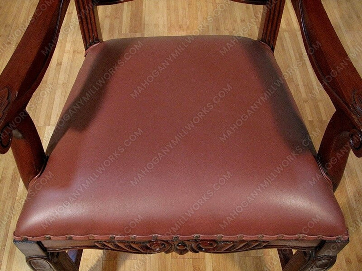 Pair of 2 Solid Mahogany Carved Ladder Back Dining Arm Chairs w/Genuine Leather