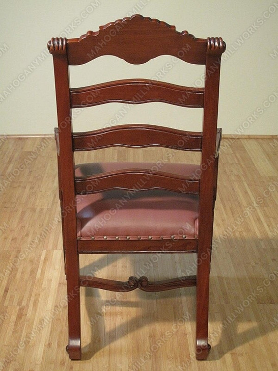 Pair of 2 Solid Mahogany Carved Ladder Back Dining Arm Chairs w/Genuine Leather