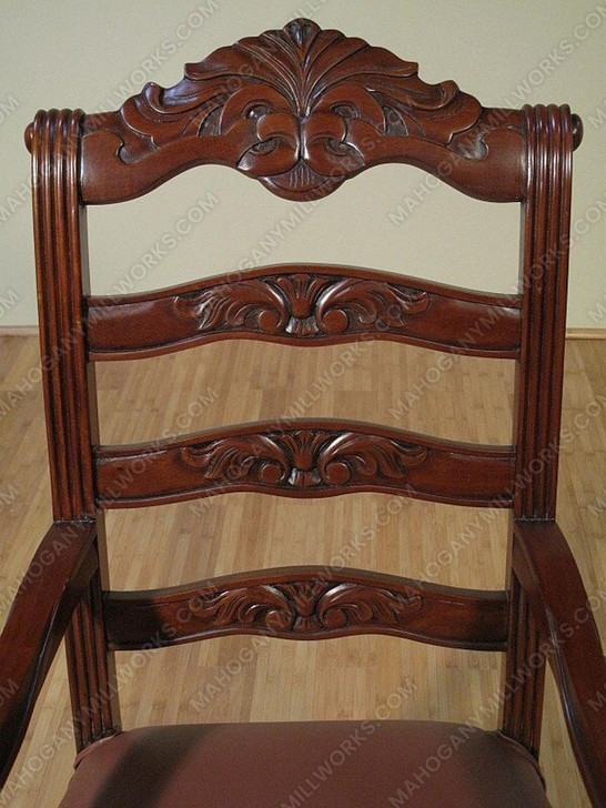 Pair of 2 Solid Mahogany Carved Ladder Back Dining Arm Chairs w/Genuine Leather