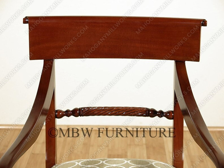 Pair 2 Solid Mahogany Regency Dining Arm Chairs w/ Green Seat