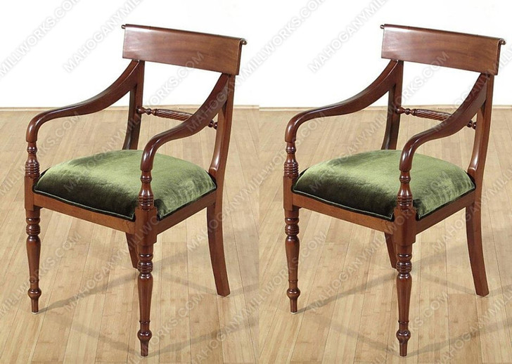 Pair 2 Solid Mahogany Regency Dining Arm Chairs w/ Green Seat