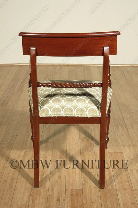 Pair 2 Solid Mahogany Regency Dining Arm Chairs w/ Green Seat