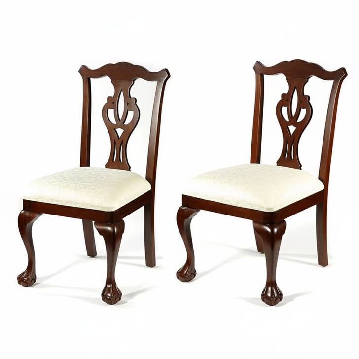 Solid Mahogany Dark Cherry Chippendale Cream Dining Chairs (8)