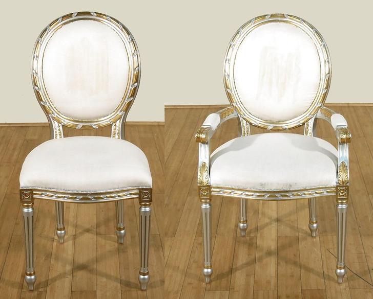 French Silver and Gold Leaf Dining Chairs (Set 10)