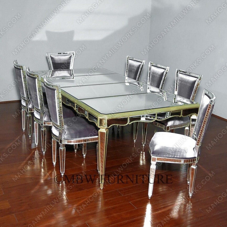 9 Pc 8Ft Mirrored Silver Rococo Dining Table w/ 2 Leaves & 8 Mirrored Chairs