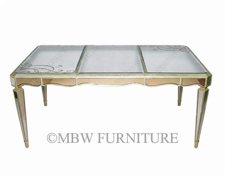 9 Pc 8Ft Mirrored Silver Rococo Dining Table w/ 2 Leaves & 8 Mirrored Chairs