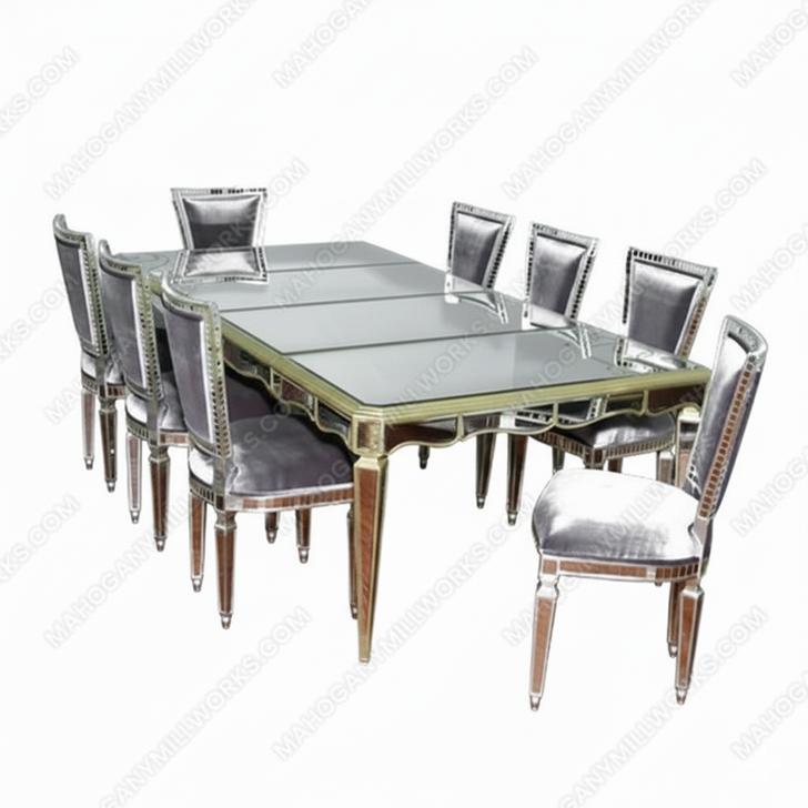 9 Pc 8Ft Mirrored Silver Rococo Dining Table w/ 2 Leaves & 8 Mirrored Chairs