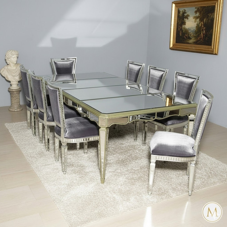 9pc Venetian-Style Mirrored Dining Suite with Grey Velvet Chairs