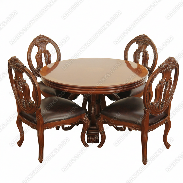 5-Pc Burl Inlay Round Dining Table & Chairs Set