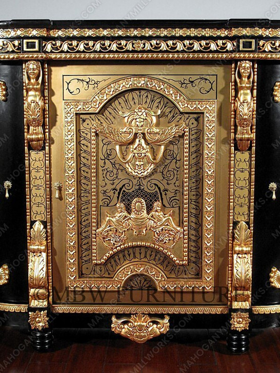 Black & Gold Heavily Ornate Rococo Cabinet Commode