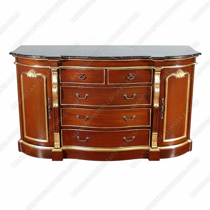 6Ft Wide Solid Mahogany Italian Marble Top Buffet Sideboard Server