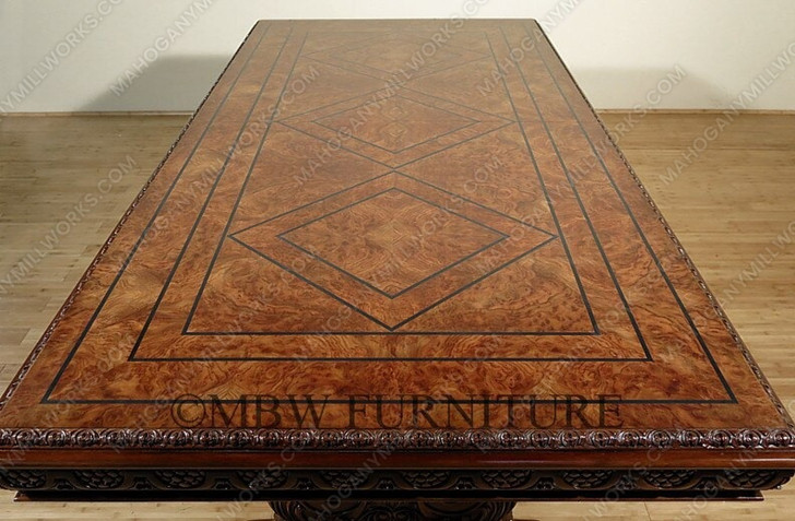 10ft Walnut Gothic Double Pedestal Dining or Conference Table w/ Inlay Top