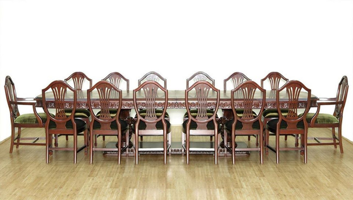 12ft Marquetry Inlay Extendable Double Pedestal Dining Table