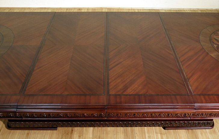 12ft Marquetry Inlay Extendable Double Pedestal Dining Table