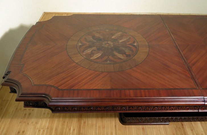 12ft Marquetry Inlay Extendable Double Pedestal Dining Table