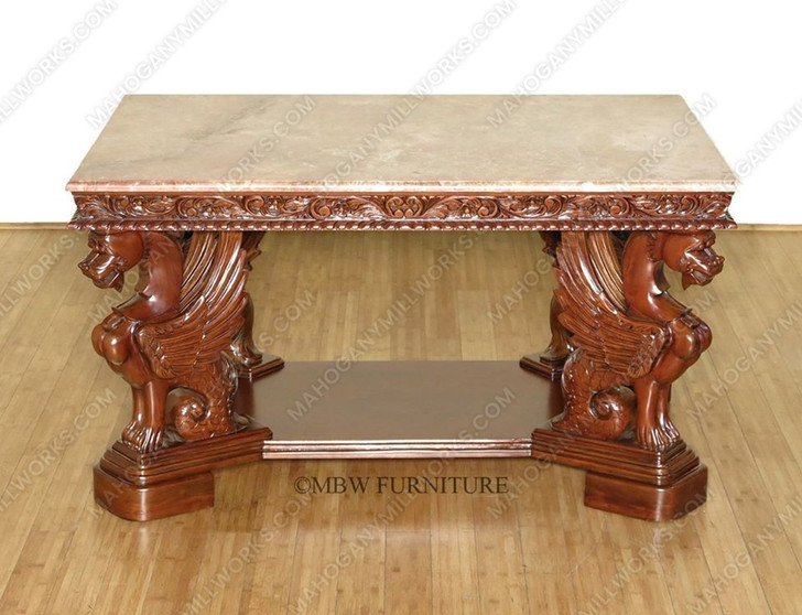 4.5Ft Wide Solid Mahogany Marble Top Dining Table w/ Carved Dragons