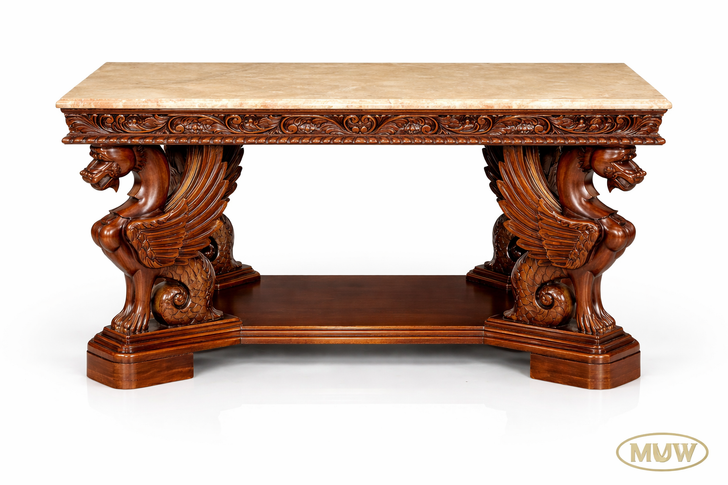 56" Opulent mahogany console with griffins
