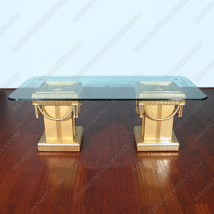 88" Versace Style Double Pedestal Dining Table w/ Etched Glass Top
