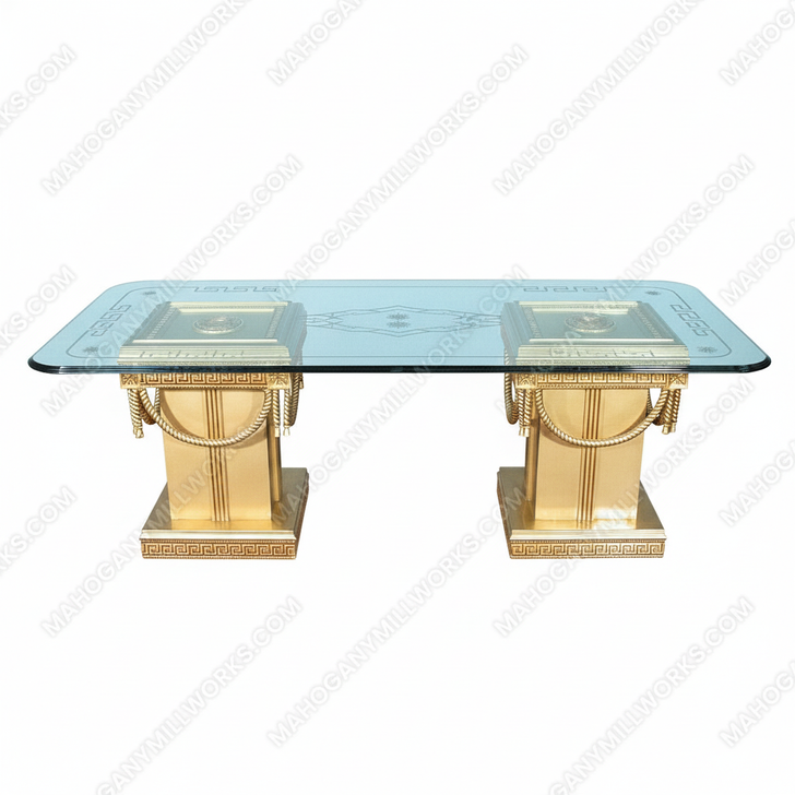 88" Gold Leaf Double Pedestal Dining Table w/ Glass Top
