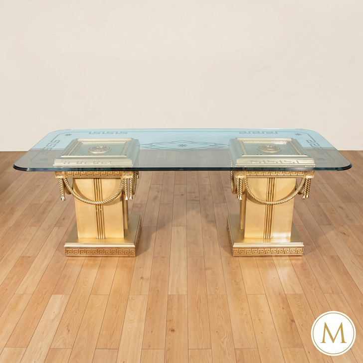 7.5ft Gold Leaf Double Pedestal Dining Table w/ Glass Top